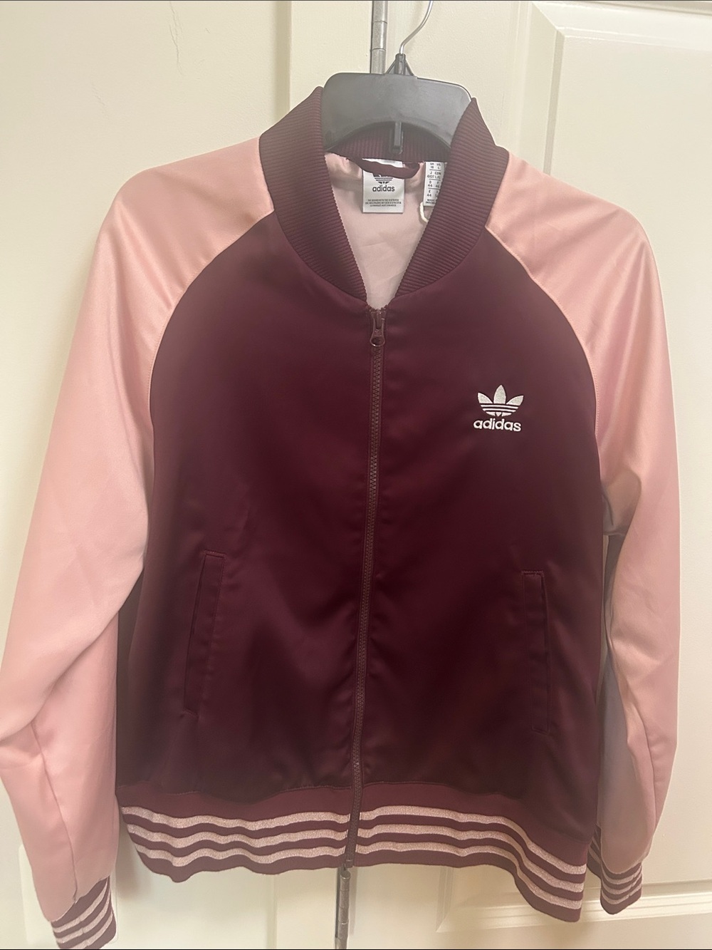 adidas Women’s Satin Bomber Jacket in Burgundy and Light Pink L